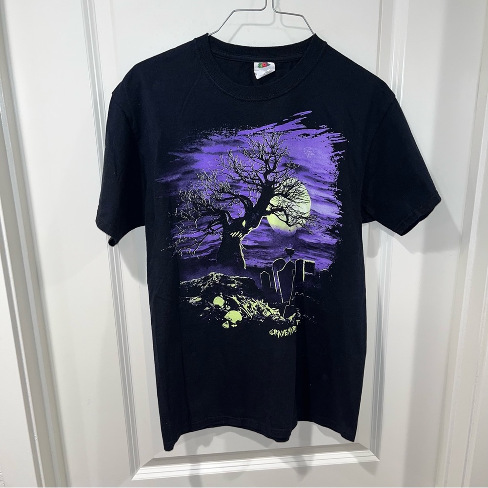 Vintage Halloween Graveyard Shift Men's Shirt Medium Black Full Moon Glow Dark